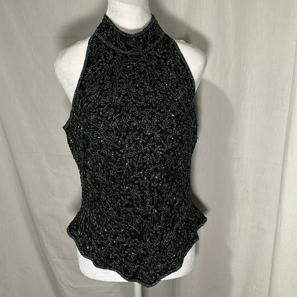 Papell Boutique Tops - large black & silver heavily beaded Adrianna Papell boutique sleeveless silk top